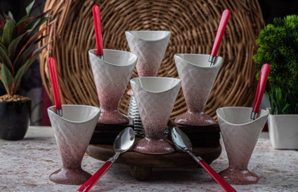 The Mug Factory Pink Ceamic Icecream Glasses With Steel Spoon Set of6 - Free Size, Pink, Ceramic, , Multipack